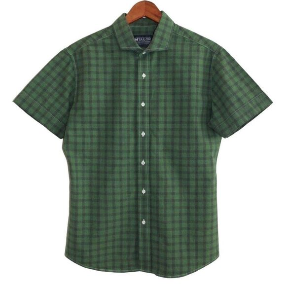 Men's Custom MTailor Short Sleeve Green Plaid Shirt L - Picture 1 of 3